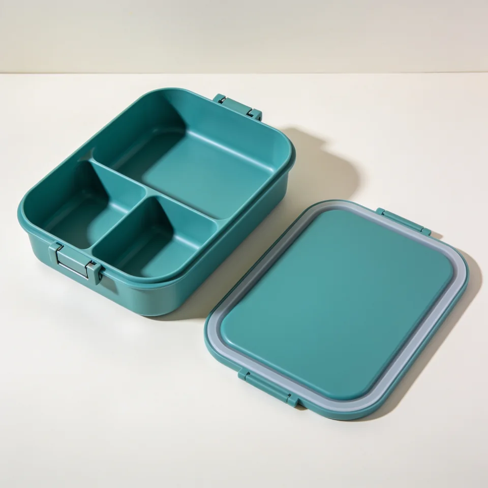Creek Three-Well Lunch Box — teal; outer 210 × 150 × 65 mm; capacity 900 mL; mass 260 g