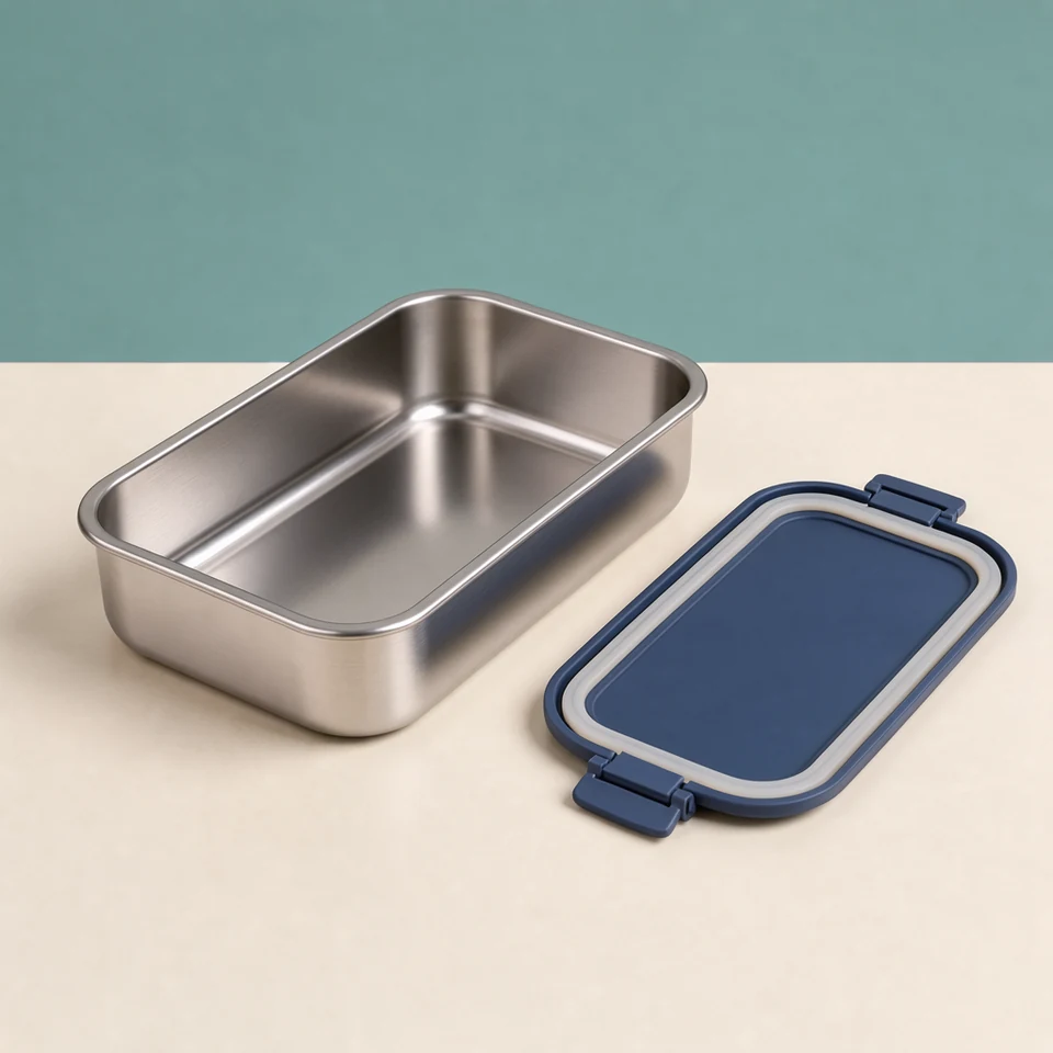 Trail Steel Lunch Box — navy; outer 195 × 145 × 60 mm; capacity 1000 mL; mass 360 g