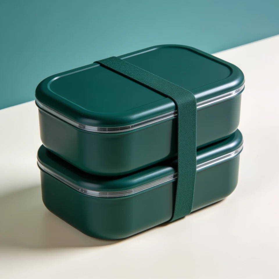 Meadow Stack Lunch Box — forest green; outer 180 × 120 × 110 mm; total 1200 mL; mass 310 g