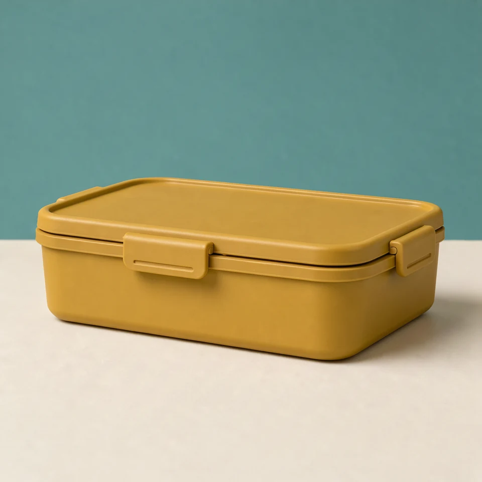 Ridge Divider Lunch Box — ochre; outer 220 × 155 × 70 mm; capacity 1300 mL; mass 285 g