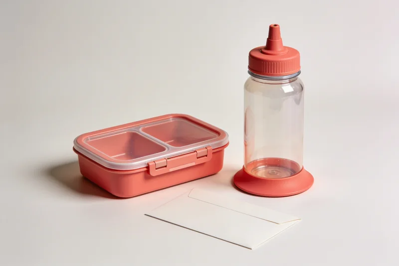 Coral bottle and snack box beside a plain envelope