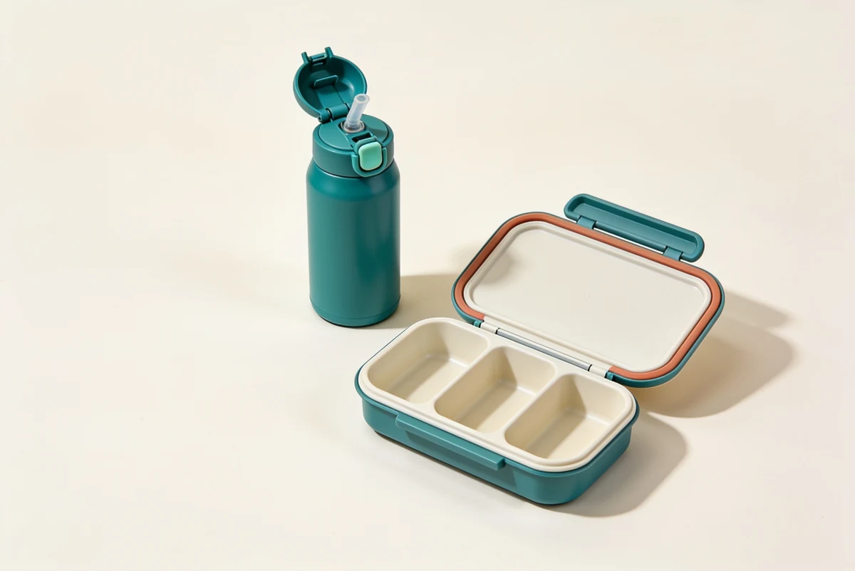 Separated bottle parts and open lunch tray for cleaning guidance